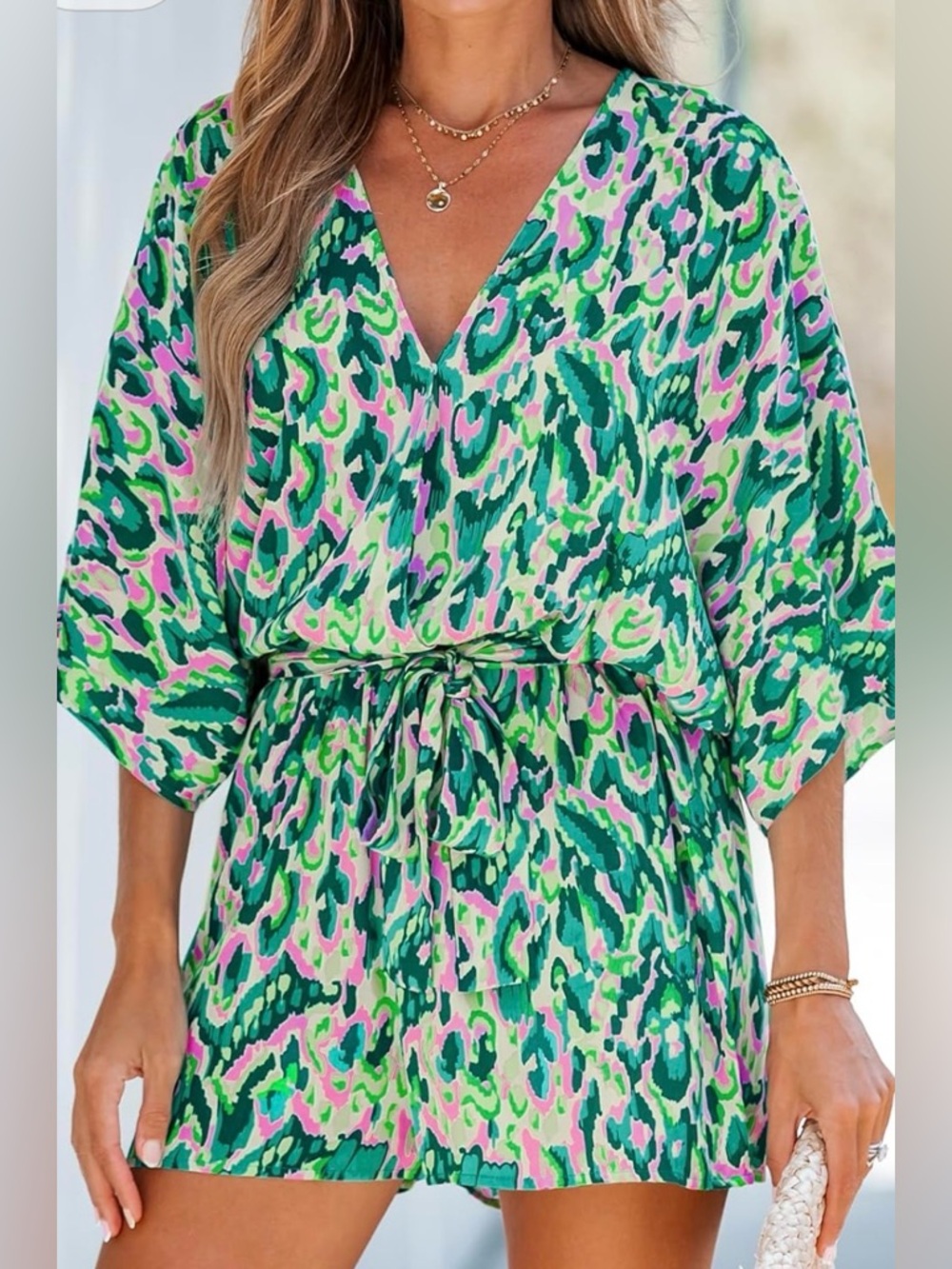 Cupshe Womenβs Mini Leopard Print V-Neck Romper Small Teal and Pink NWT.